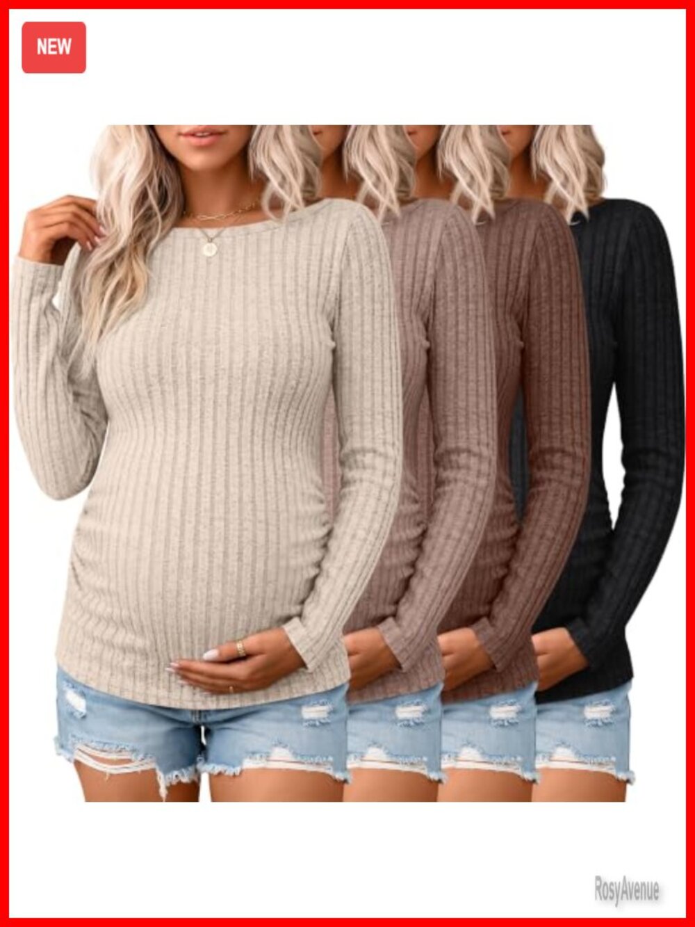 Maternity Long Sleeve Ribbed Shirts 4 Pack Pregnancy Tops Ruched Slim Fit